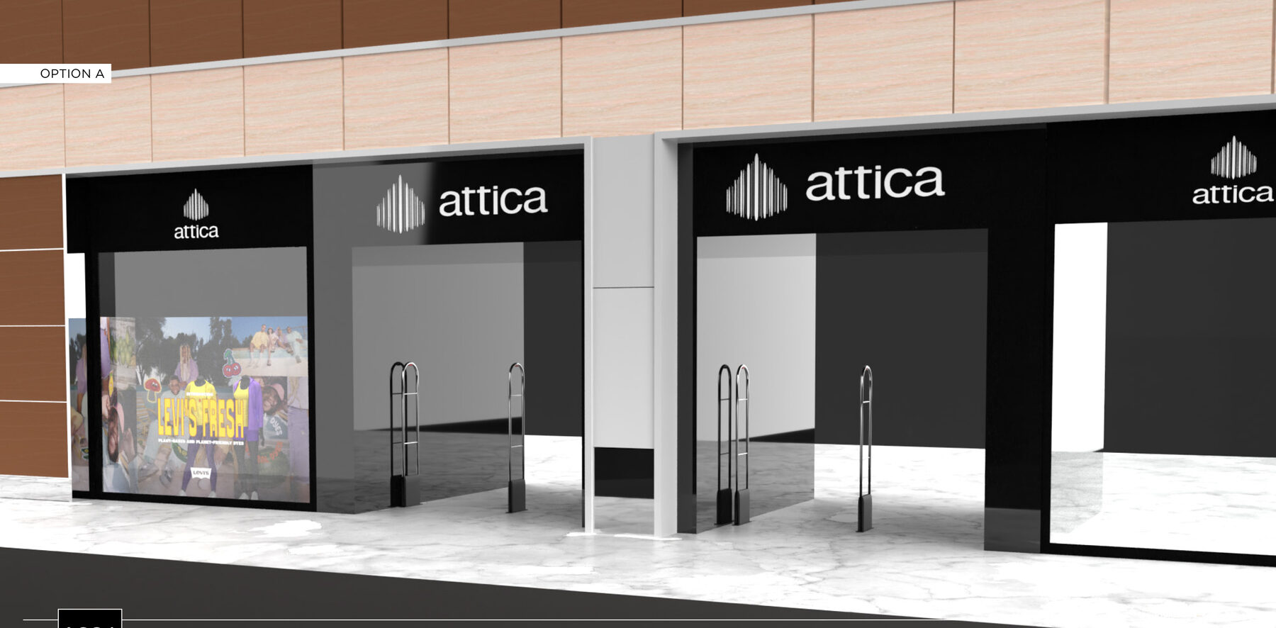 Wide view of the attica mall facade with the Levi's Fresh window at the left.