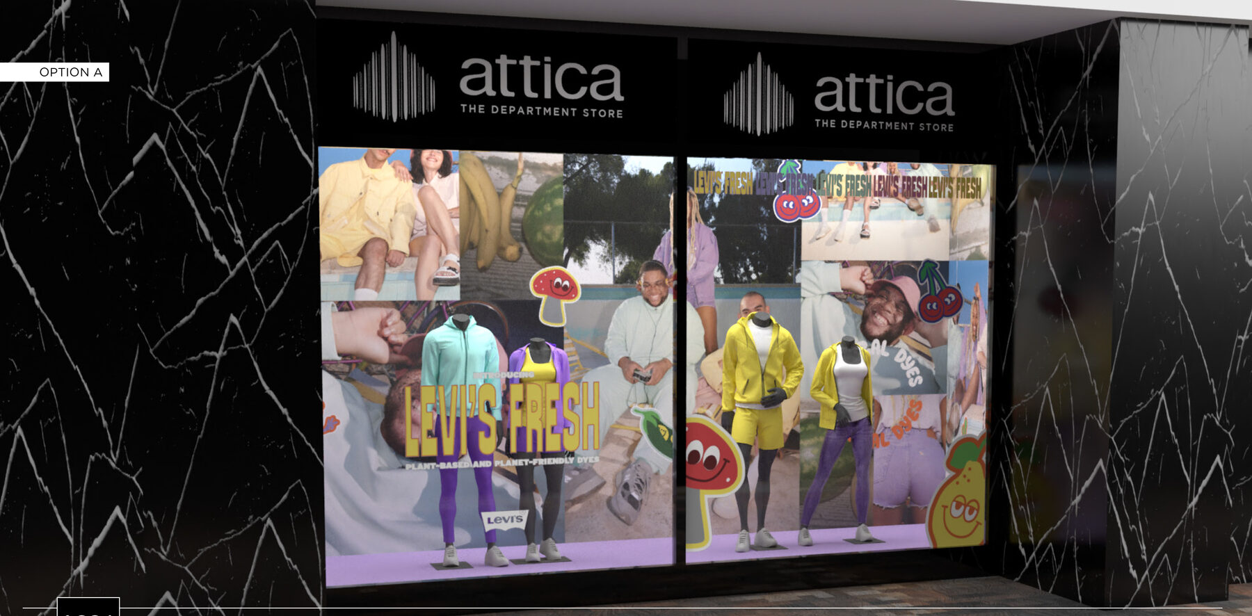 Window scheme A: tiled campaign photography with LEVI'S FRESH lettering and die-cut fruit characters.