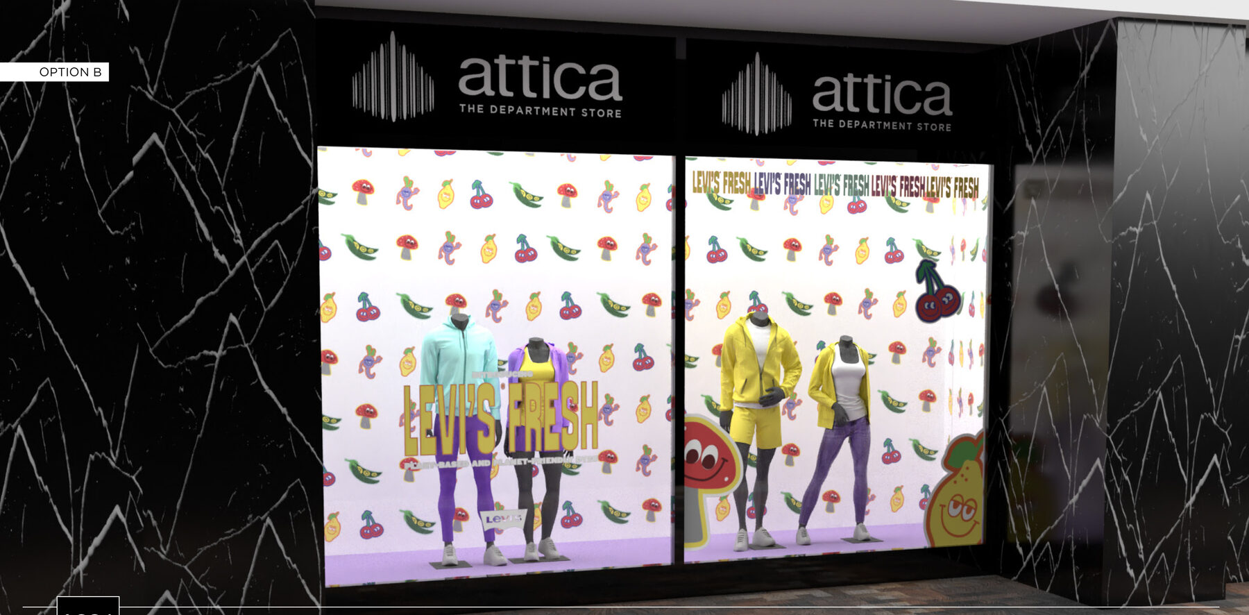 Window scheme B: all-over fruit character pattern on white behind styled mannequins.
