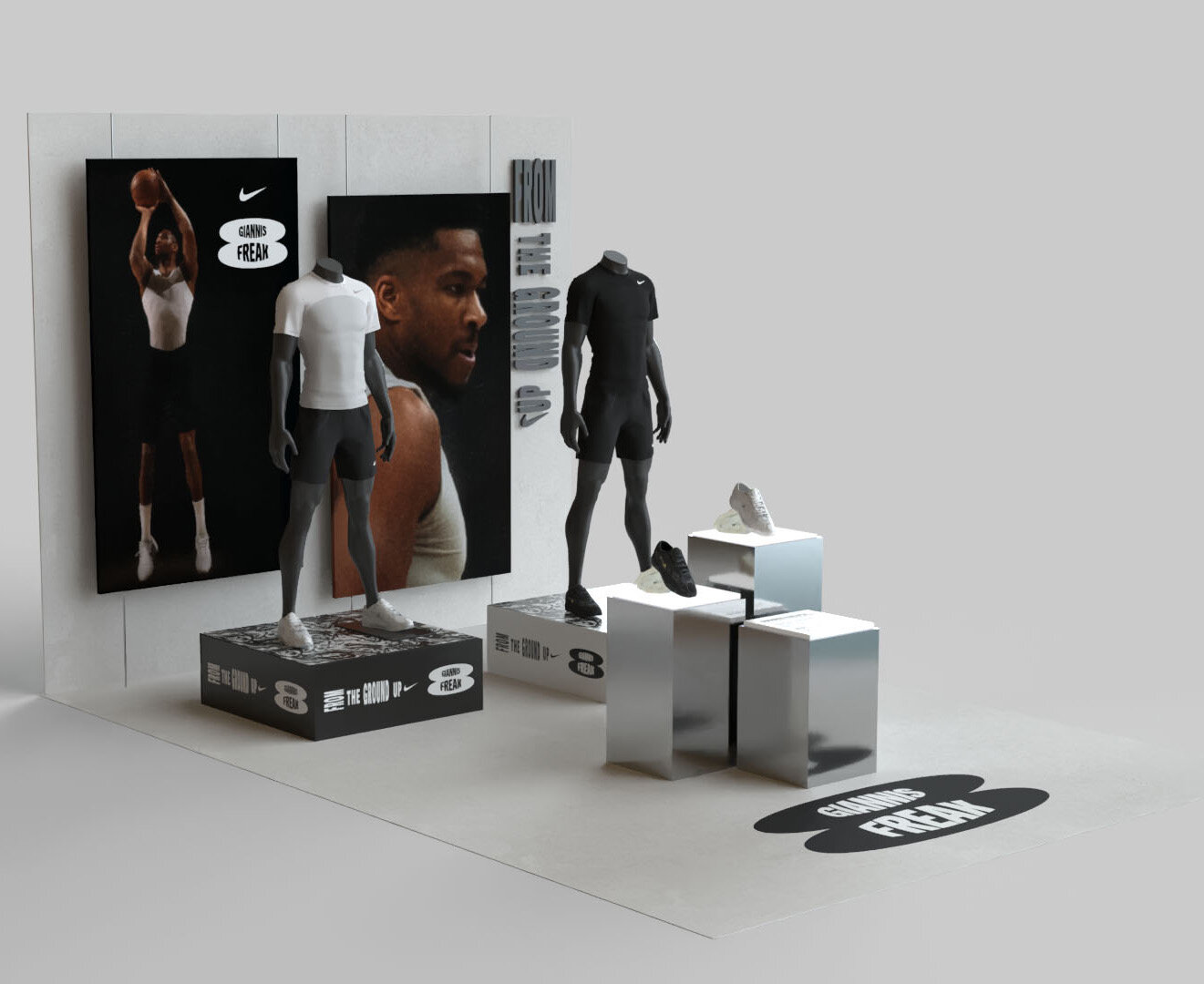 Nike Ermou FA26 Giannis Freak 8 install: connect wall, mannequins and the stepped pedestals.