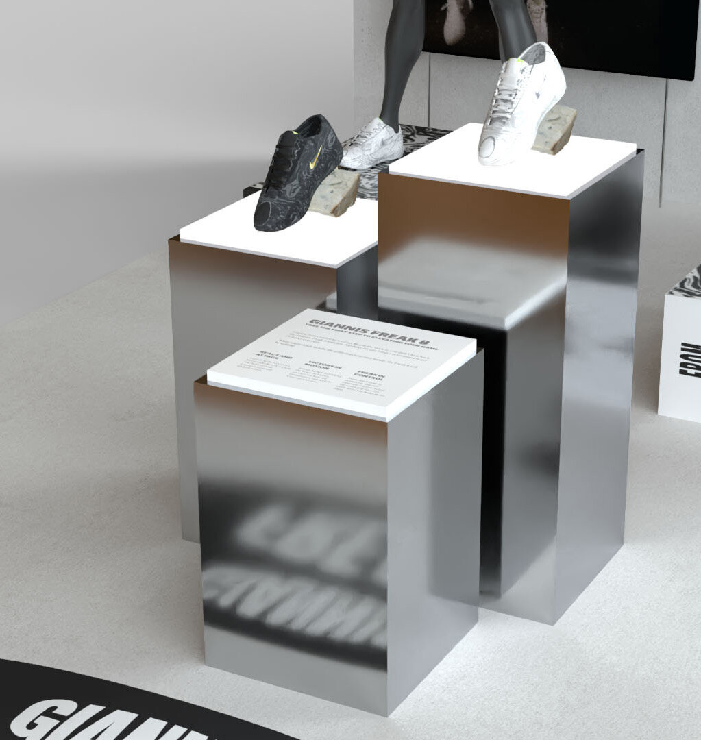 Nike Ermou FA26 Giannis Freak 8 install: stepped pedestals carrying the shoe.