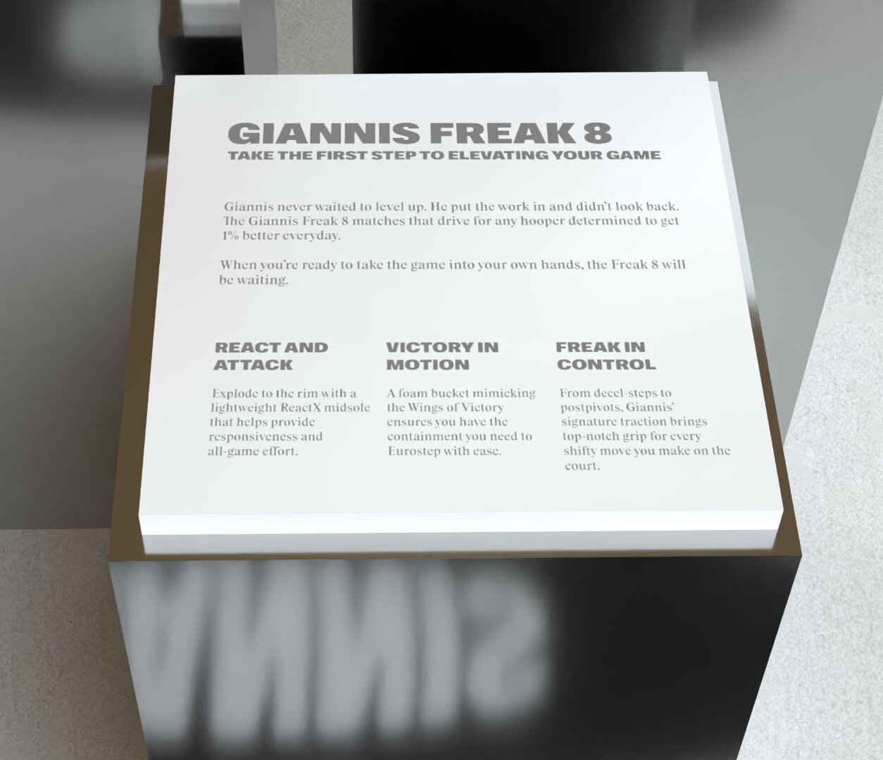 Nike Ermou FA26 Giannis Freak 8 install: pedestal with the giannis freak 8 communication panel.