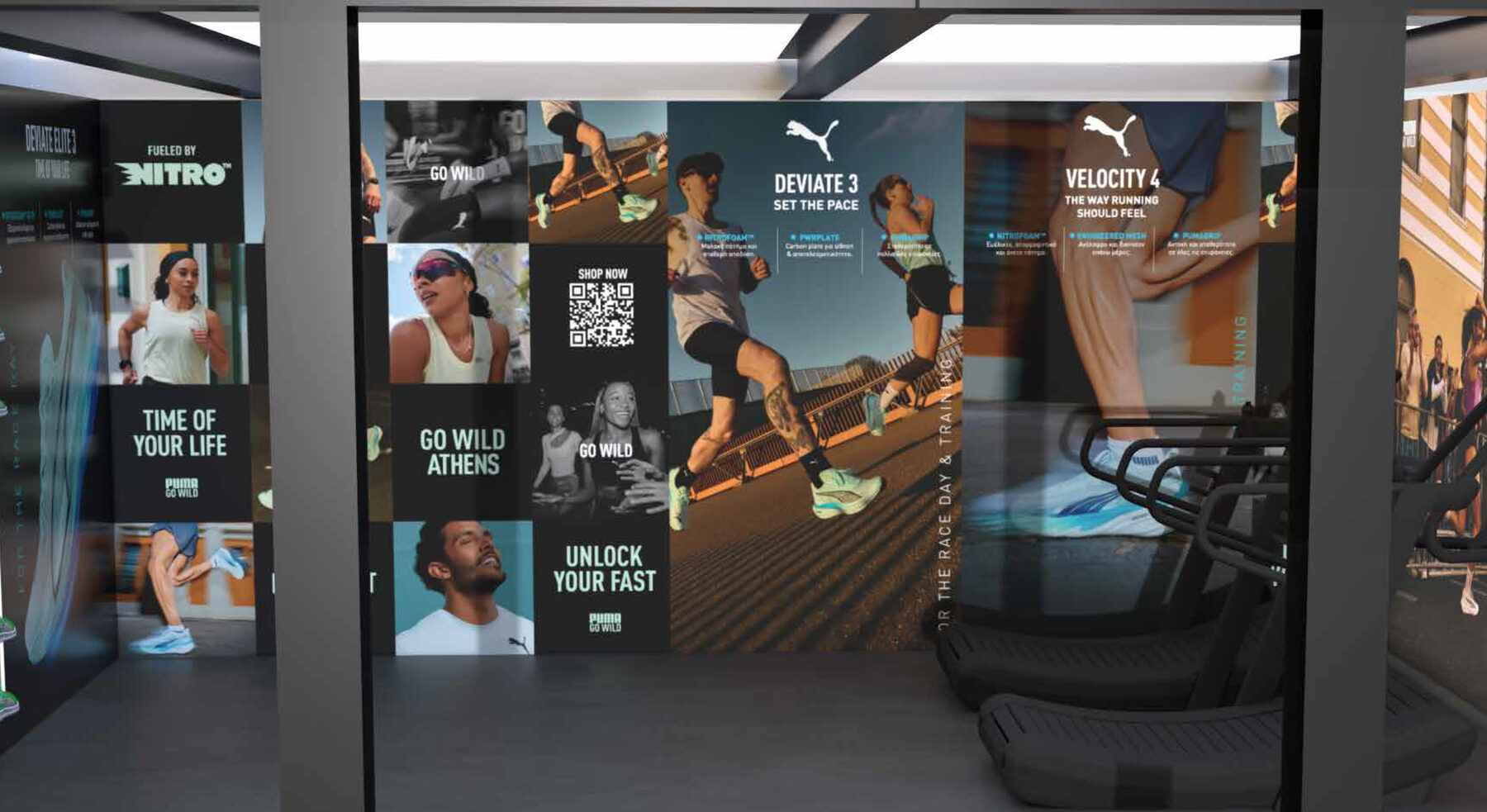 Printed campaign wall of runner photography facing two treadmills.
