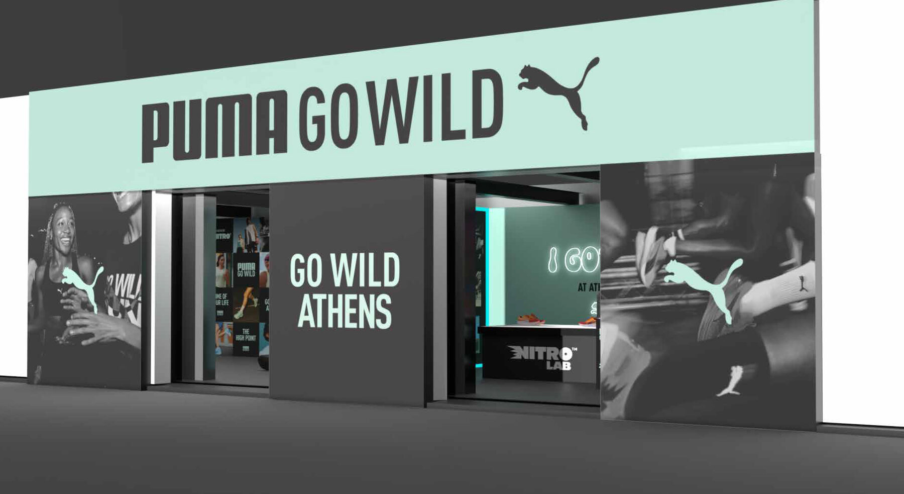 Rendered shopfront of the PUMA Go Wild Athens pop-up: a mint fascia band with the PUMA Go Wild lockup above dark portals printed GO WILD ATHENS.