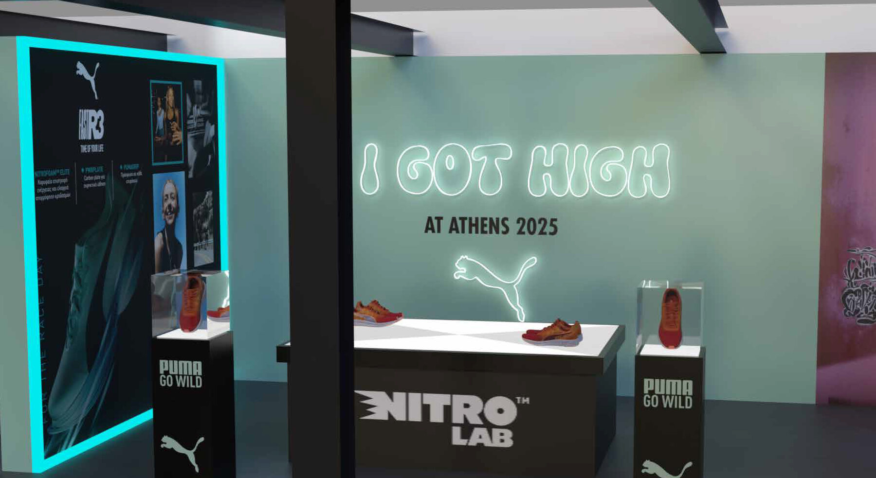 Mint product room with neon lettering reading I GOT HIGH AT ATHENS 2025 above a NITRO LAB table.