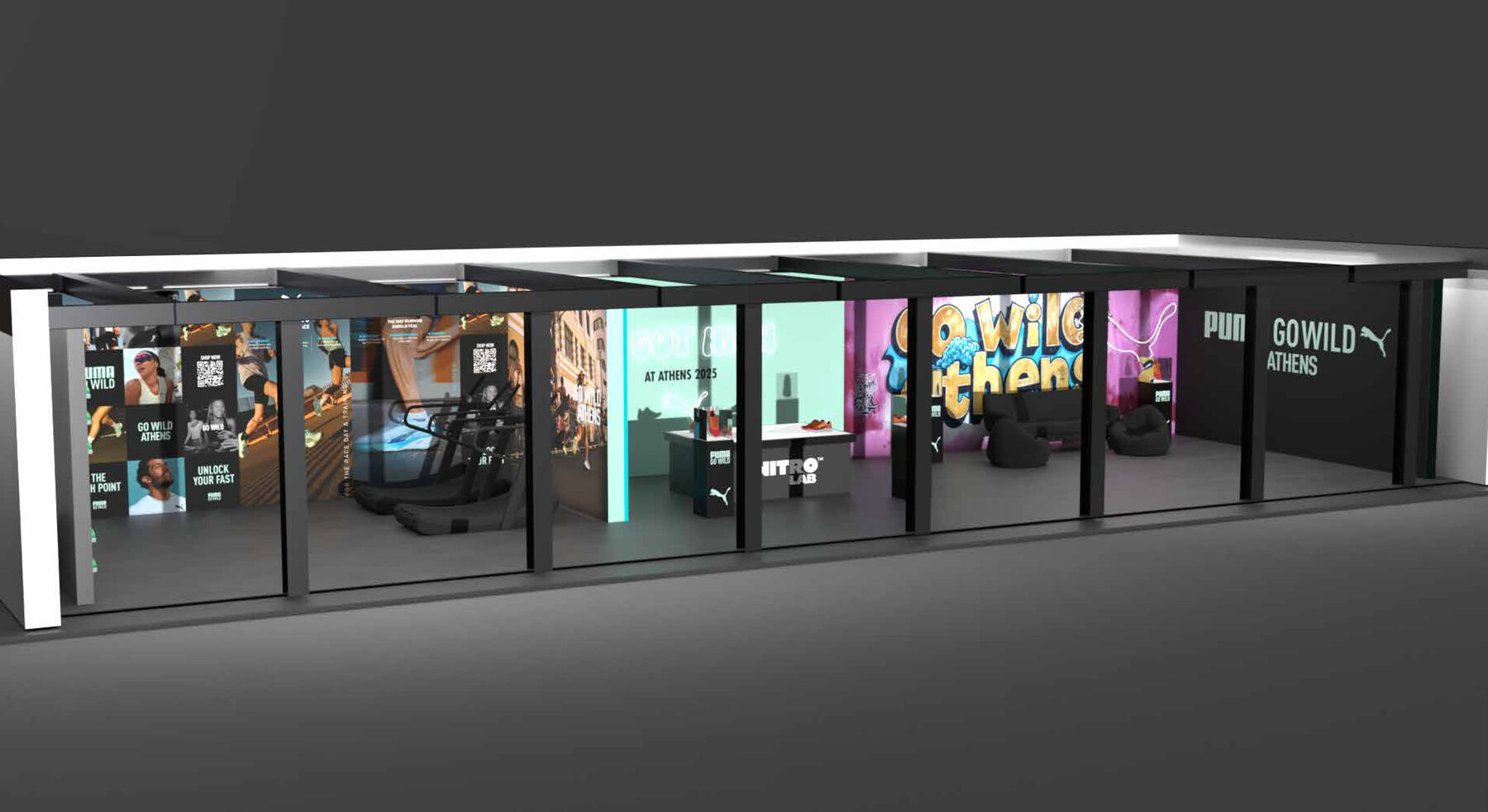 Interior perspective of the pop-up showing all four zones in sequence.