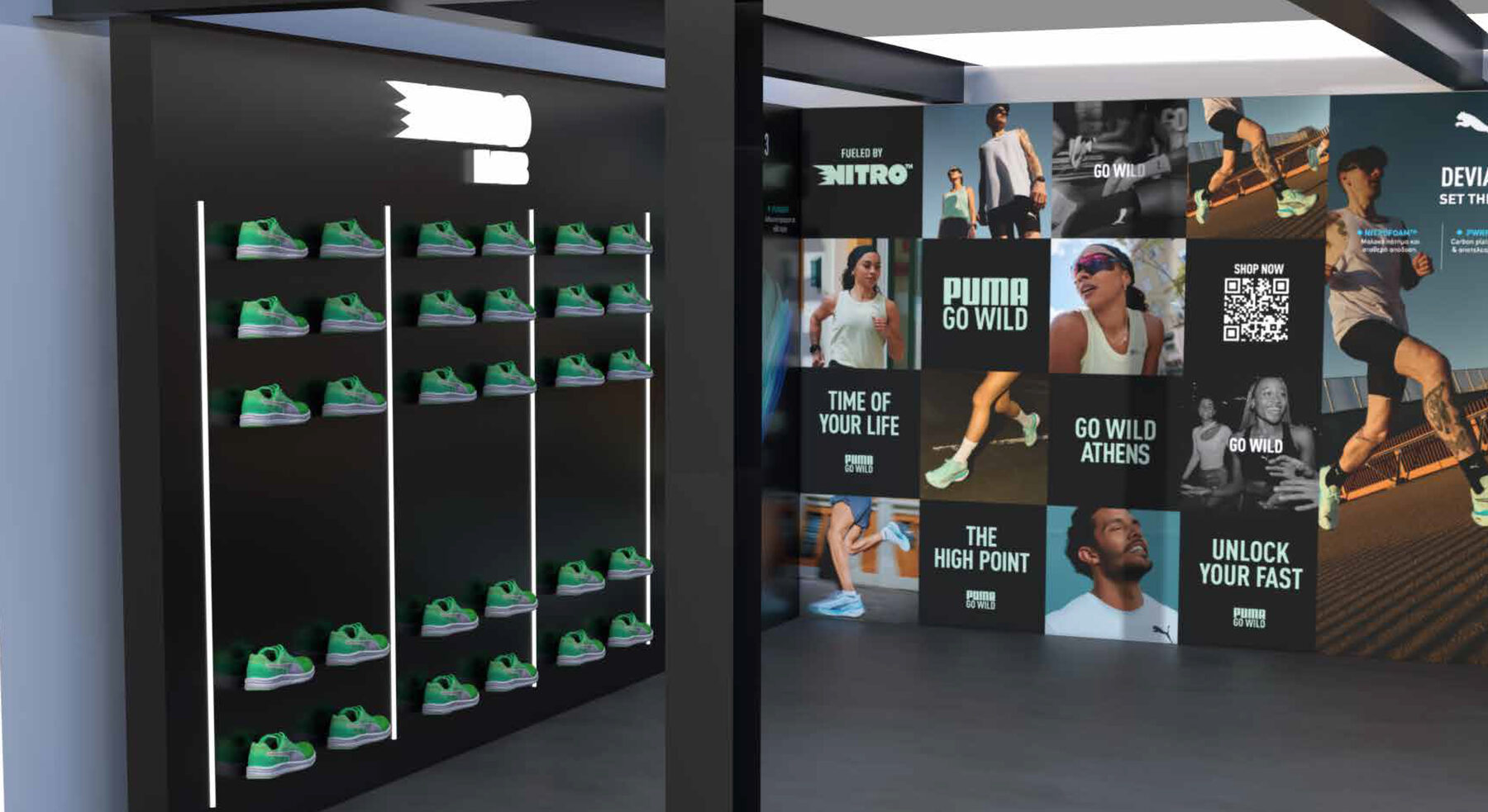 Shoe wall in the foreground with the printed campaign wall behind it.