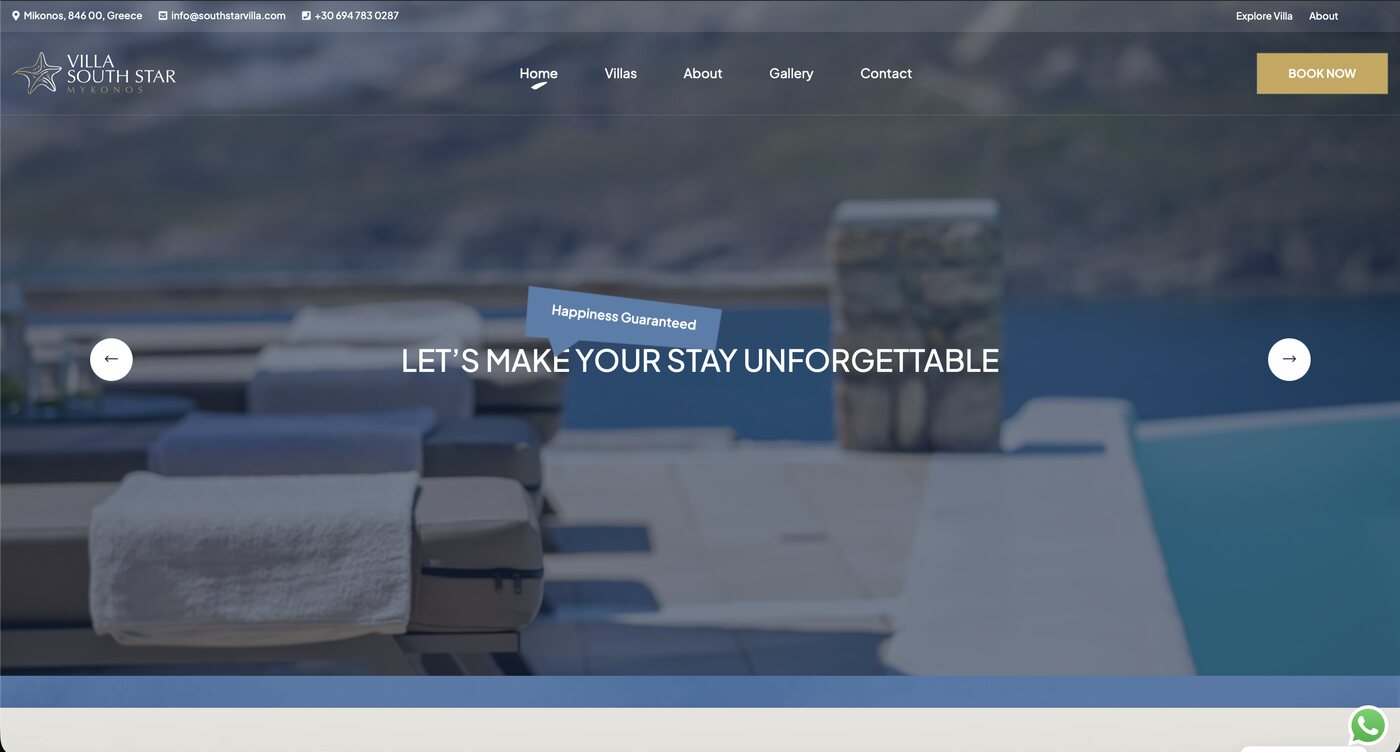 Home page of the Villa South Star website